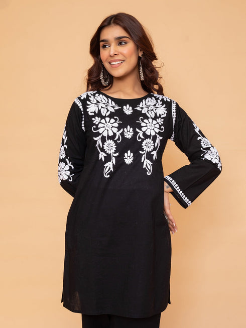 Saba Chikankari Co-ord Set in Cotton Cambric - Black With White